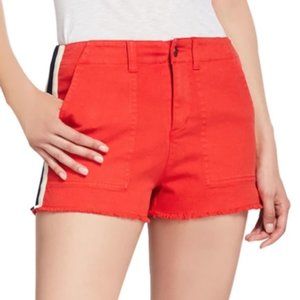 NWT Pam & Gela High Rise Lace Up Cut Off Denim Shorts in Orange / Red